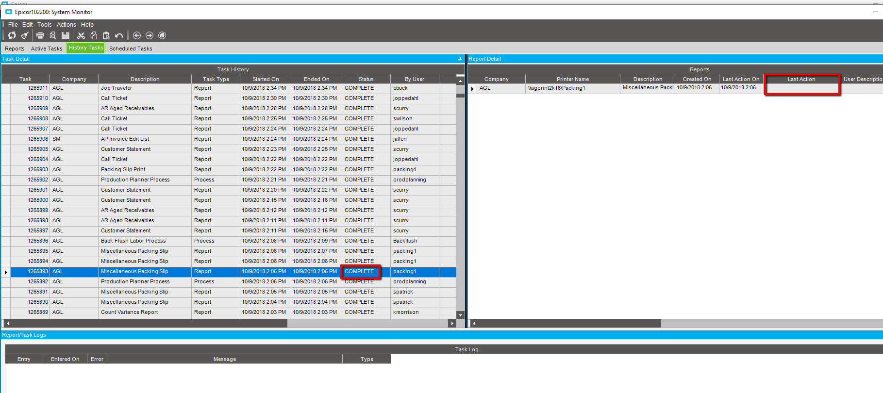 Report in System Monitor not showing last action ERP 10 Epicor