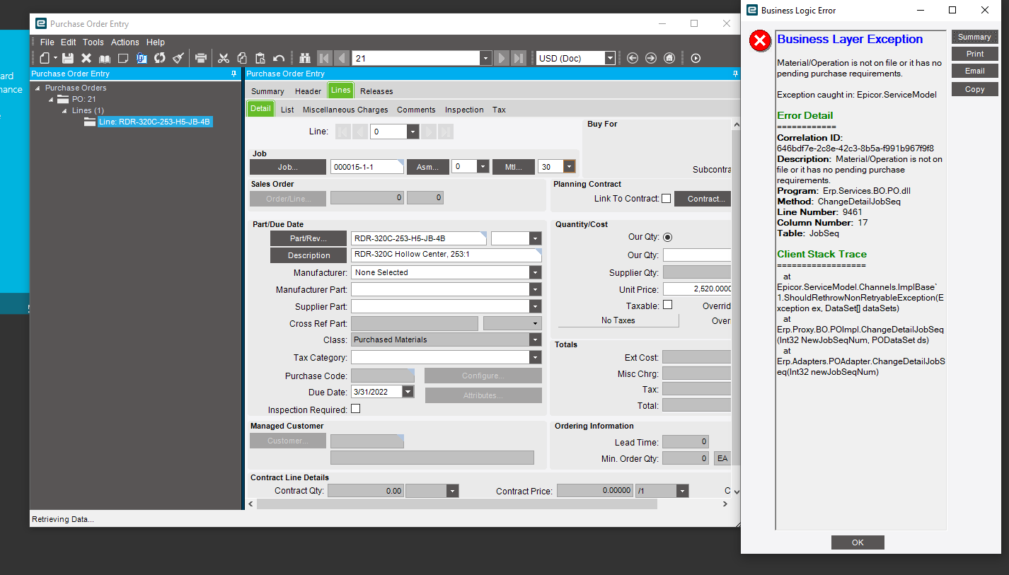 Material Operation is not on file error Kinetic 202X Epicor